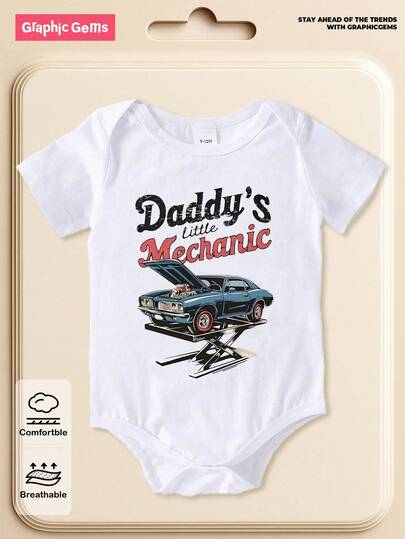 SHEIN Playful Pals Baby Boy Casual Simplistic Car & Letter Print Short Sleeve Bodysuit, Summer