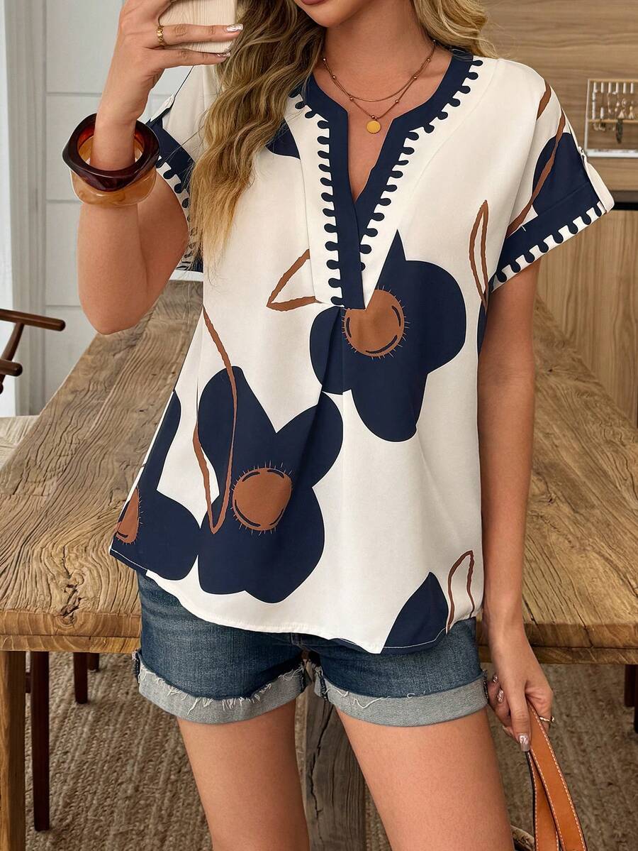 Louniche Áo sơ mi nữ mùa xuân/hè in họa tiết hoa, kiểu dáng thường ngày, thích hợp cho kỳ nghỉ, họa tiết trừu tượng, hình học. - Nhiều màu - Xem 1