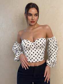 SHEIN Glamour 女士优雅露肩印花灯笼袖短款上衣，春夏女士衬衫，复古优雅女士上衣，波点印花露肩罩杯女士上衣 - 杏色 - 查看 5