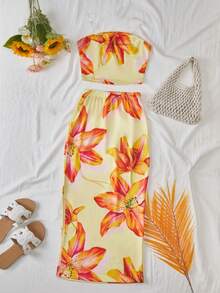 Sparklyn 少女春夏度假海滩热带花卉印花露脐吊带上衣搭配针织图案黄色背心套装 - 黃色 - 查看 3