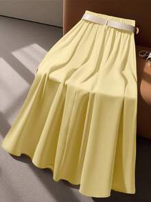 Franclia 纯色简约设计优雅皮革腰带裙 - 淡黃色 - 查看 2