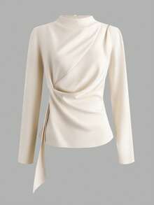 Selianne Conjunto de traje elegante con pliegues y lazos para mujer talla grande, adecuado para ir a la oficina, vacaciones y reuniones, otoño/invierno - Albaricoque - Ver 3