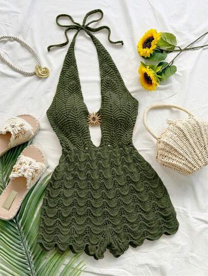 Soleia Women's Crochet Textured V-Neck Metallic Accent Jumpsuit,Olive Green Boho Beach Vacation Holiday Holiday Outfit For Date,Wedding,No Chest Padding