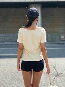INAWLY 女士纯色圆领短袖休闲T恤，夏季印花T恤女式上衣 - 杏色 - 查看 2
