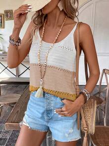 Breezaya Áo vest dệt kim cổ tròn khoét rỗng phối màu dành cho nữ, áo vest mùa hè cho nữ, trang phục thường ngày cho nữ, áo tank top dệt kim mùa hè cho nữ, áo kiểu nữ cho mùa hè - Nhiều màu - Xem 4