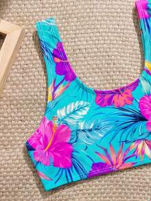 SHEIN 女童碎花泳衣套装 - 藍色 - 查看 6