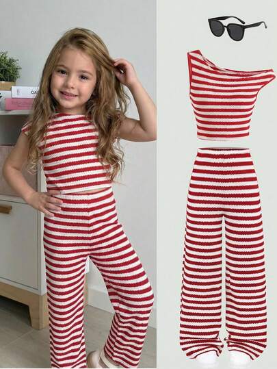 Emery Rose Kids 2pcs/Set Young Girl Striped Short Sleeve T-Shirt And Wide Leg Pants Set Young Girl Casual Vacation Elegant Striped Jacquard Knit Form-Fitting Shirred Short Sleeve Top And Matching Pants Set Striped Outfit Set Outfits Sets Black And White Outfit Set Striped Two Pieces Set Striped Pants Striped Top Young Girl Sets Young Girl Summer Outfits Young Pant Set Spring And Summer Striped Short Sleeve Suit