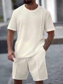 Manfinity Homme Plus Size Men's Solid Color Round Neck Short Sleeve Casual T-Shirt Set, Summer - Apricot - View 4