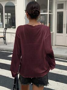 DAZY 女款寬鬆深V領長袖透視休閒上衣，都市街頭風T恤，夏季泳裝外罩衫，適合學校穿著 - 酒紅色 - 查看 3