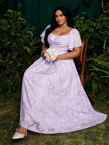 Roveilla Đầm dự tiệc mùa hè dáng xòe, cổ vuông, tay bồng, chất liệu chiffon jacquard, chất liệu thanh lịch, kiểu vintage, dễ thương, phối chân váy xòe. - Màu tím - Xem 5