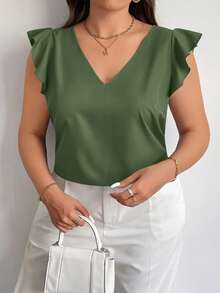 Firerie 大码优雅V领荷叶边短袖红色节日简约夏季衬衫，适合教师穿着 - 軍綠色 - 查看 4