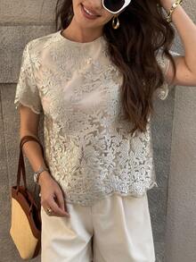 SHEIN Clasi Blusa de encaje de lujo y delicada para mujer, elegante para fiestas, salidas y temporada de bodas, primavera/verano - Gris - Ver 5