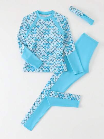 SHEIN Tween Girls Camisole Bikini Top With Headband, Blue Fish Scale Printed Long Sleeve Top And Pants Two-Piece Set Comfortable Skin-Friendly Breathable Swimming Suit With Matching Color Headband For Beach Vacation Casual Swimwear