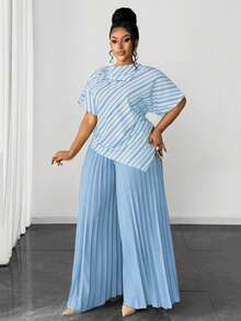 Maweii 不对称下摆数码印花衬衫+松紧腰褶皱阔腿裤两件套，适合春、夏、秋、冬四季穿着，也适合万圣节、感恩节、圣诞节等节日场合，优雅时尚，通勤和约会皆宜。 - 淺藍色 - 查看 6