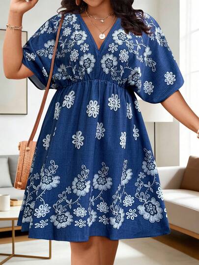 Vionelle Plus Size Women's French Casual Elegant Embroidery Print Short Sleeve Dress