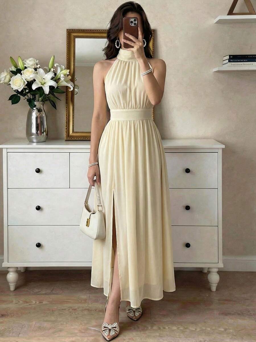 Feyla Vestido largo de fiesta elegante de mujer con cuello halter, diseño de abertura y cintura ceñida en unicolor - Amarillo - Ver 1