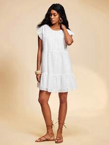 Travachic 2026 Nuovo Vestito Smock da Donna Stile Vacanza, Maniche Corte, Scollo Tondo, Tinta Unita - Bianco - Visualizzare 9