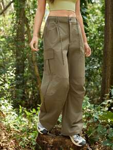 SHEIN In My Nature 女士工装口袋直筒宽松休闲徒步裤 - 卡其色 - 查看 3