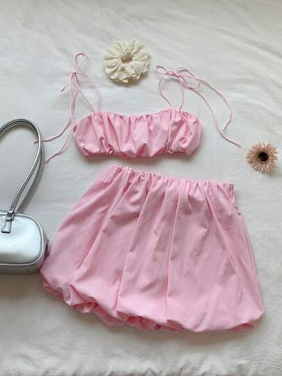 Comfortcana Women's Solid Color Pleated Camisole Top And Floral Ruffle Mini Skirt 2-Piece Vacation Set