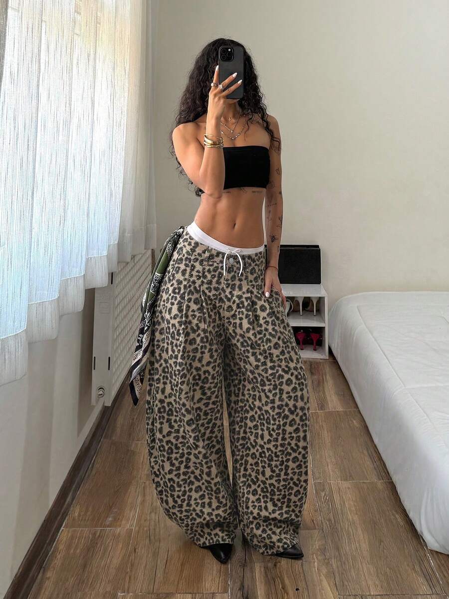 StreetHx Quần jeans ống rộng cạp thấp xếp ly phong cách đường phố thường ngày, họa tiết rằn ri. - Màu Khaki - Xem 1