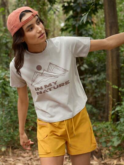 SHEIN In My Nature Women's Letter & Mountain Print Round Neck Outdoor Short Sleeve T-Shirt