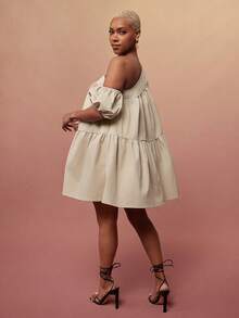 Vixey Solid Woven Asymmetrical Off Shoulder Petal Sleeve Tiered Flowy Short Dress - Khaki - View 1