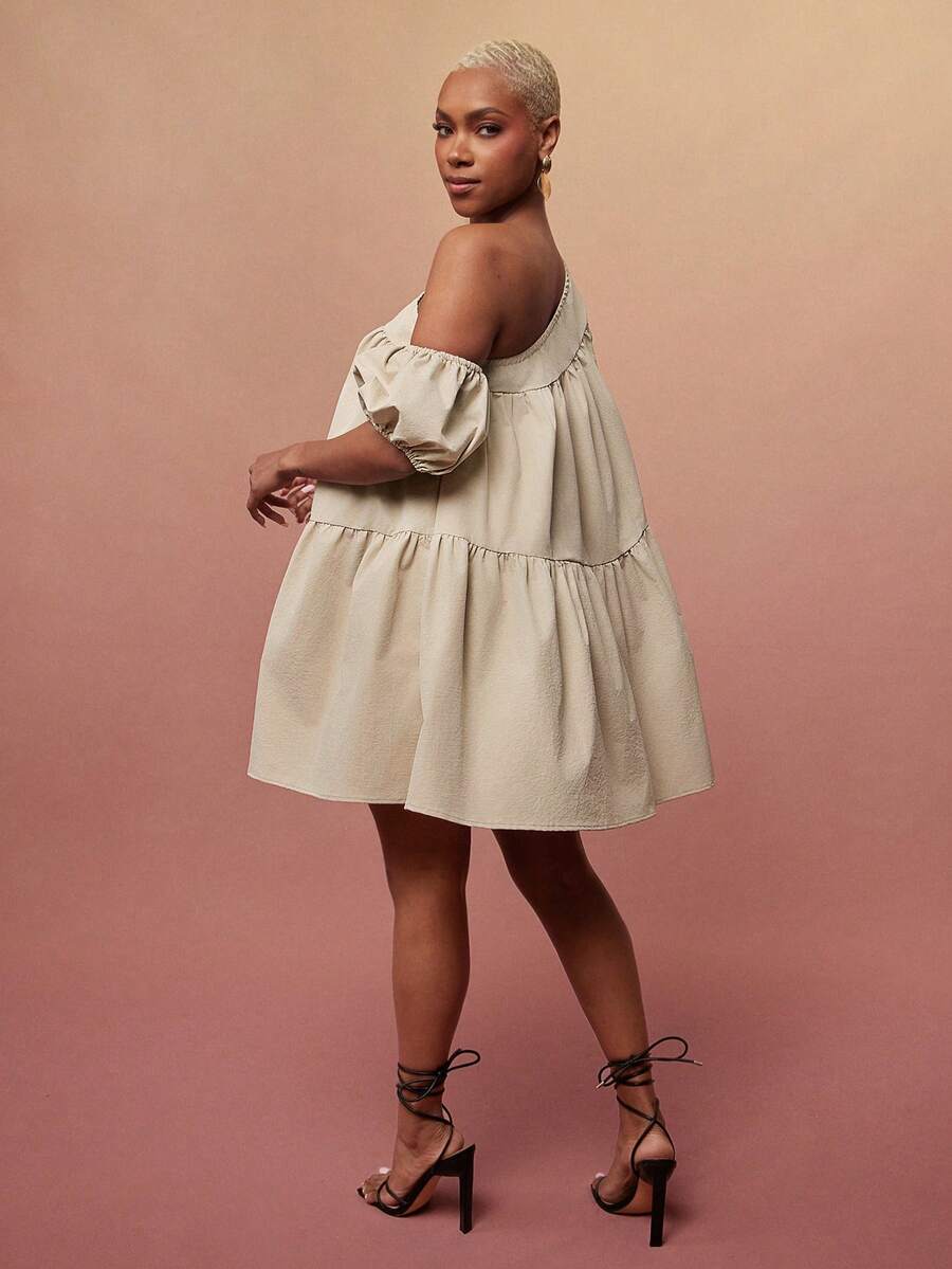 Vixey Solid Woven Asymmetrical Off Shoulder Petal Sleeve Tiered Flowy Short Dress - Khaki - View 1