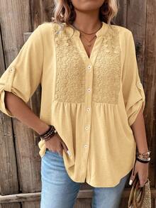 SHEIN LUNE Plus Size Lace Patchwork 3/4 Sleeve V-Neck Button Down Casual Vacation Shirt - Light Yellow - View 1