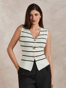 Briarwyn Women's Casual Commuter Sleeveless Striped Knit Top, Summer,White Top,Graduation Outfit,Graduation Ceremony Women's Vest Tops Women's Tops And Blouses Women's Tops For Summer Women's Tops Yacht Outfit Women - White - View 2