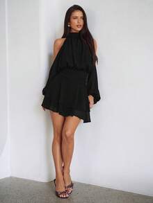 Aloruh Purple-Red Long Sleeve Off-Shoulder Dress, Casual Commuter Elegant Dress With Small Stand Collar, Spring - Black - View 5