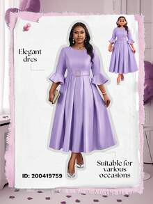 Fleurora 大码女装紫色圆领喇叭袖优雅连衣裙，适合秋冬季优雅派对、婚礼、鸡尾酒会、圣诞节等场合；粉色系带喇叭袖A字连衣裙；大码套装；返校节礼服；生日礼服；秋季女装；教师装；圣诞节缎面连衣裙；婚礼宾客礼服；端庄连衣裙；碎花中长连衣裙；母亲节 - 紫色 - 查看 9