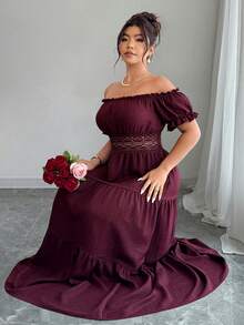 Elenzga 大码女士露肩亚麻质感蕾丝边长连衣裙，适合春夏度假、外出、约会、派对等场合 - 酒紅色 - 查看 4