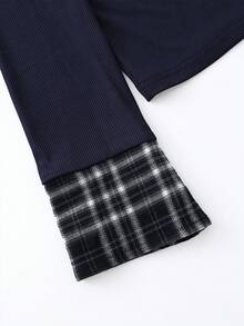 Lalippa 新款复古二合一格子拼接黑色 Polo 领长袖 T 恤 - 藏蓝色 - 查看 3