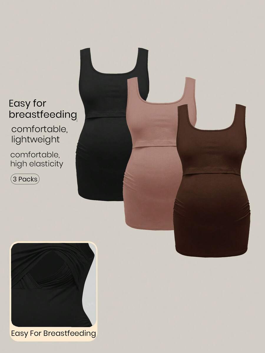 Modmama 3pcs/Set Maternity Solid Color Casual Nursing Tops - Multicolor - View 1