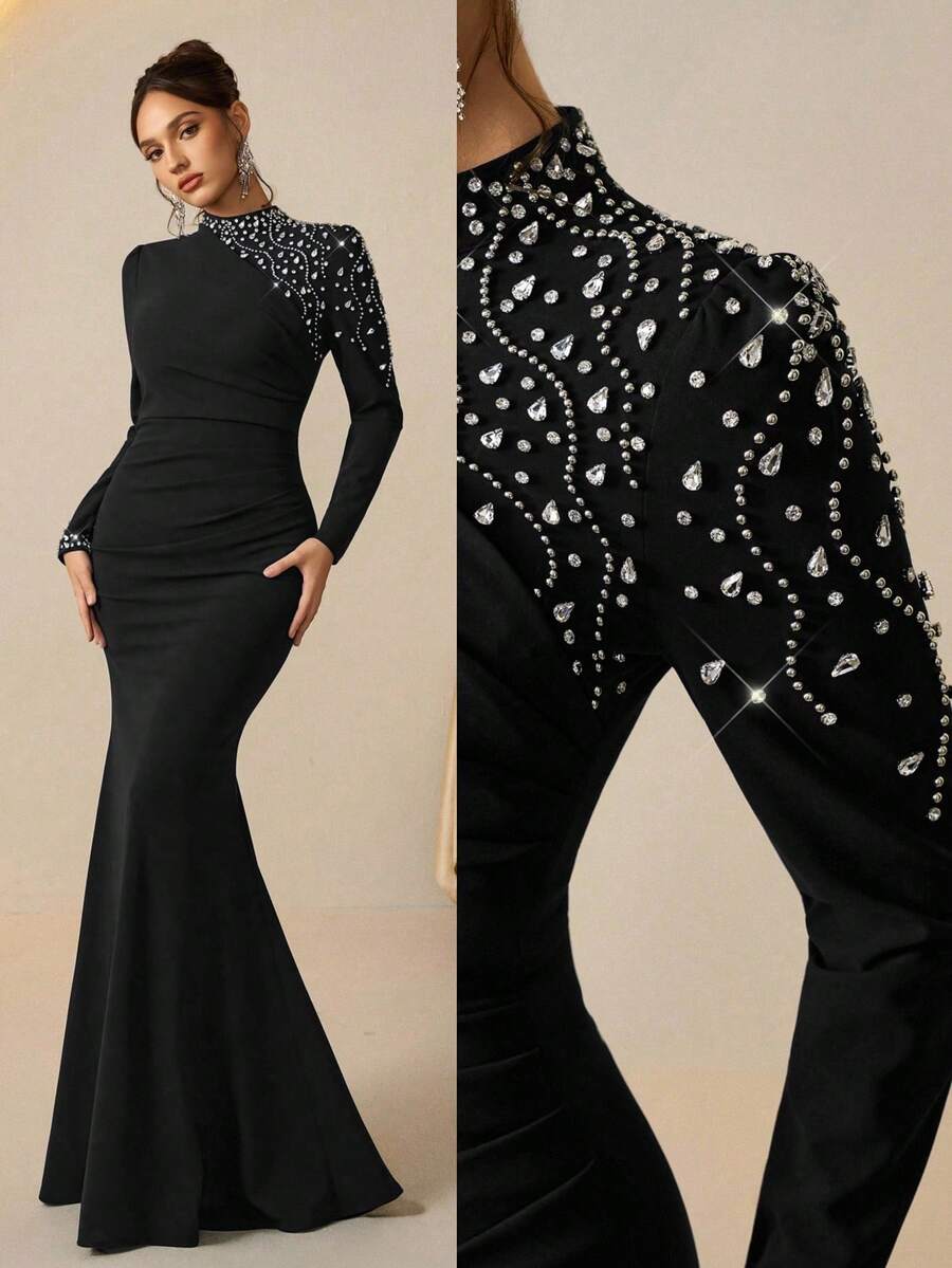 Coutiva 女士高端优雅宴会礼服，尽显奢华气质，展现高贵淑女风范，饰以水钻，褶裥修身鱼尾晚礼服 - 黑色 - 查看 1