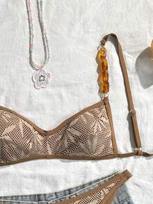 Swim Vcay 春夏针织提花无钢圈可拆卸胸垫细肩带装饰上衣和泳裤女士沙滩度假休闲泳装套装 - 棕色 - 查看 3