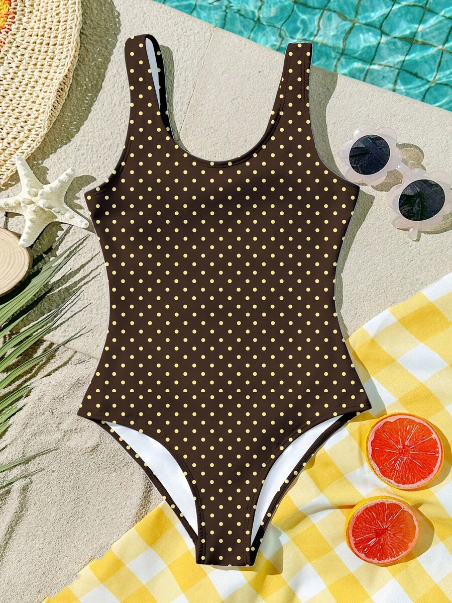 SHEIN Maillard Color Scheme, Retro Polka Dot Print One-Piece Swimsuit For Tween Girls, Suitable For Beach In Summer One Piece Swimsuit For Kid Tween Bathing Suits One Piece Polka Dot One Piece Bathing Suit For Girls Bathing Suits For Teens Full Coverage - Multicolor - View 1