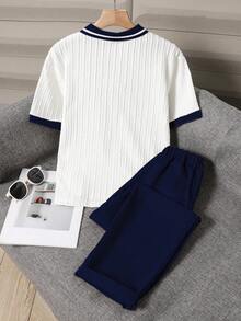 SHEIN Setelan Polo Lengan Pendek Rajut Warna Biru Tua untuk Anak Laki-Laki Usia Remaja dengan Kerah Kontras dan Celana Panjang untuk Pakaian Kasual - Royal Blue - View 2