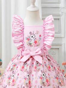 SHEIN Young Girl' Fashionable Sweet Spaghetti Strap Ruffle Hem Rabbit Patchwork Striped Cinched Waist Waist Summer Dress - Pink - View 3