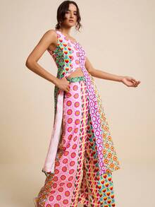 LOTSLUV Bộ đồ nữ mùa xuân/hè gồm áo maxi dài không tay xẻ tà cổ tròn in họa tiết màu pastel và quần dài in họa tiết (2 món). - Nhiều màu - Xem 5