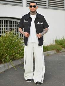 Devon Thys Manfinity Streetrush 男式宽松实用口袋设计休闲衬衫、蓝色纽扣式短袖衬衫、多口袋休闲衬衫、Graphic Los Angeles Reviewer 机械师衬衫 - 黑色 - 查看 5