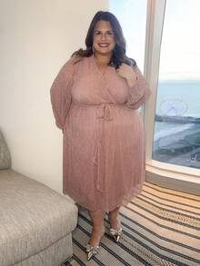 Enliva Vestido De Talla Grande Con Cuello En V, Manga De Linterna Y Cinturón - Rosa vieja - Ver 5
