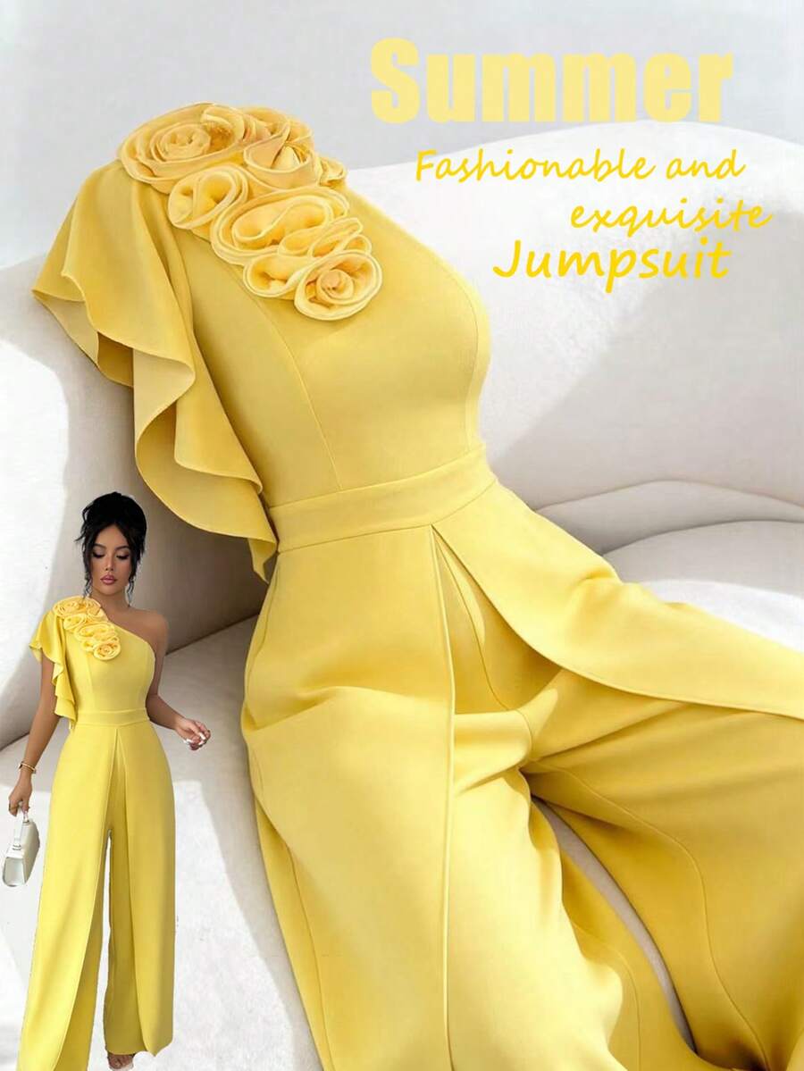 GlowEve 春夏不对称荷叶边无袖连体裤，浅黄色，收腰设计，优雅花卉装饰，别致法式度假风女装，单肩连体裤，黄色优雅连体裤，黄色连体裤，女士黄色阔腿连体裤，女士连体裤，菲律宾风情花卉细节连体裤，女士正式连体裤，女士黄色连体裤 - 黃色 - 查看 1