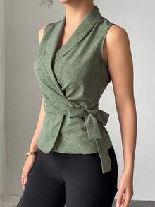 SHEIN Unity Women's Solid Color Wrapped Pleated Sleeveless Blouse, Elegant For Spring And Summer - Olive Green - View 6