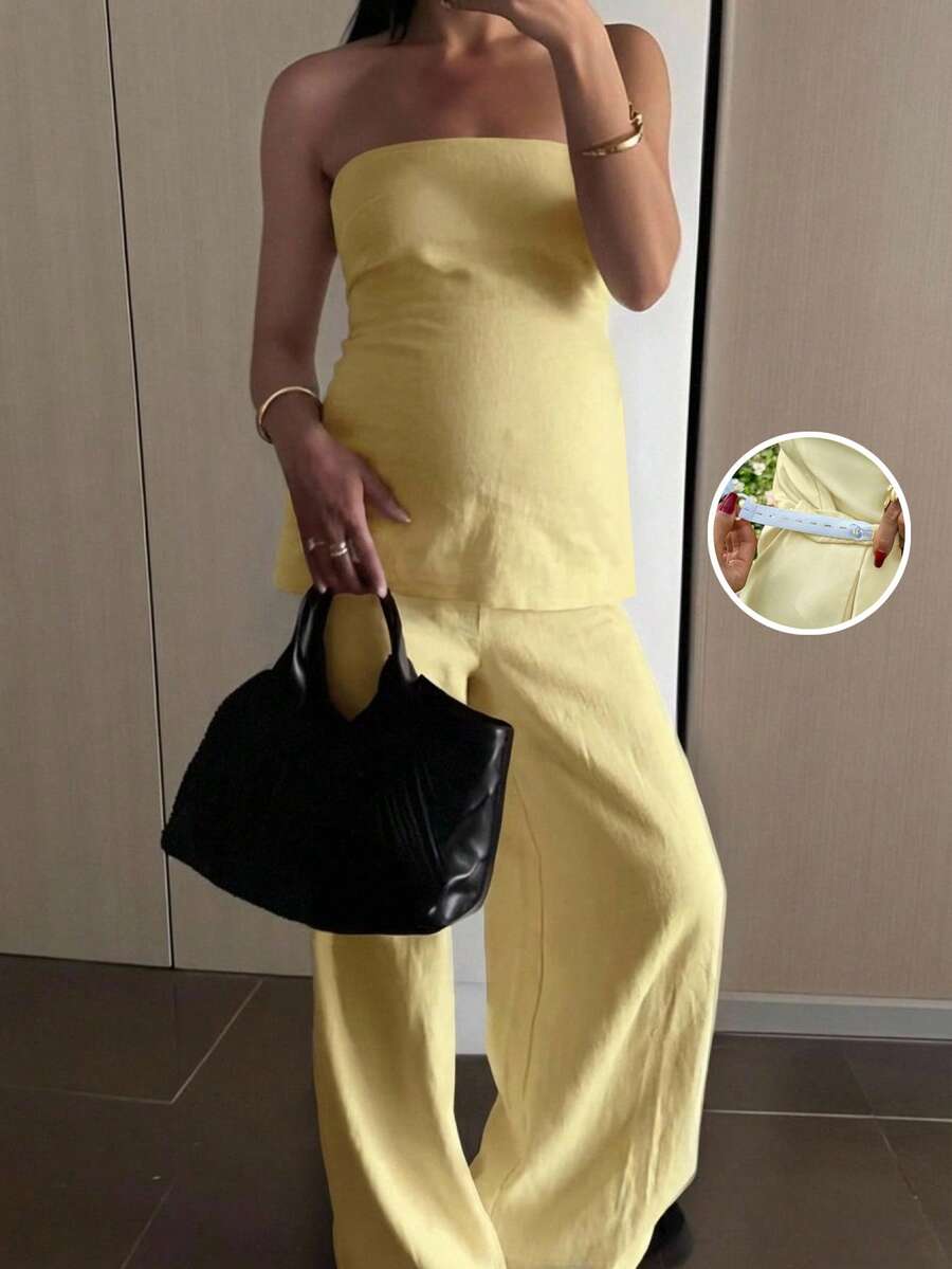 SHEIN 孕妇休闲纯色吊带背心和裤子两件套 - 黃色 - 查看 1