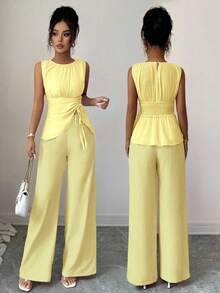 Elenzga 女式雪纺露背不对称抽绳下摆上衣 + 阔腿裤 2 件套 - 黃色 - 查看 6