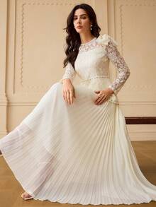 ZEYLAH Damen Spitze Patchwork Plissee Elegantes Taillenkeid für Partys - Aprikosenfarben - Übersicht 2