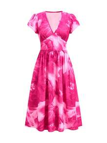 Ellevyn Vestido de mujer de longitud media con cuello en V y estampado floral elegante, adecuado para vacaciones de verano, atuendos de salida de mujer, vestidos de verano de mujer, atuendos de verano de mujer, vestido de Pascua de mujer, vestido de primavera de mujer, ropa de vacaciones de mujer - Rosa Fucsia - Ver 6
