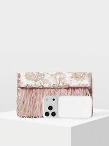 MOTF PREMIUM LADIES ELEGANT FLORAL PATTERN BEAD MATERIAL CLUTCH BAG ENVELOPE BAG WITH ARTIFICIAL FEATHER DECORATION,VALENTINES DAY - Baby Pink - View 4