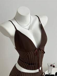 Flirla Women's Summer Two-Piece Set: Color-Block Crop Top With Stripe Tie Detail & Matching Strappy Pleated Skirt, Casual Style. - Brown - View 4